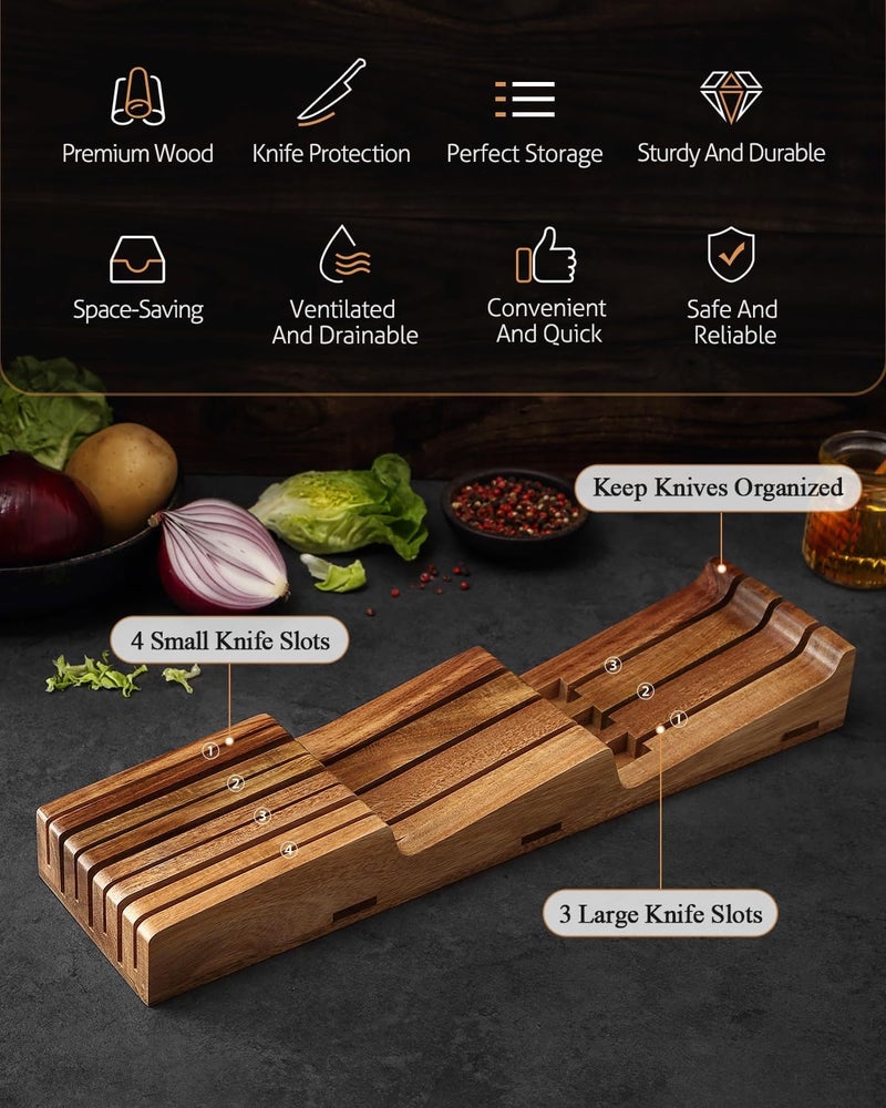 XINZUO In-drawer Knife Block, Natural Acacia Knife Drawer Oganizer, Insert-Kitchen Storage Holder, 7 Slots, Holds up to 7 Various Size Knives, Countertop Saving&Knife Protective - Image 5